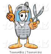 Illustration of a Cartoon Cellphone Mascot Holding a Pair of Scissors by Toons4Biz