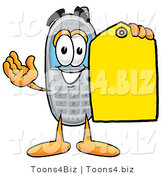 Illustration of a Cartoon Cellphone Mascot Holding a Yellow Sales Price Tag by Mascot Junction