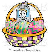Illustration of a Cartoon Cellphone Mascot in an Easter Basket Full of Decorated Easter Eggs by Mascot Junction