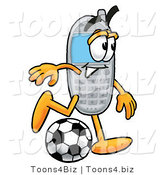 Illustration of a Cartoon Cellphone Mascot Kicking a Soccer Ball by Toons4Biz