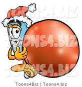 Illustration of a Cartoon Cellphone Mascot Wearing a Santa Hat, Standing with a Christmas Bauble by Mascot Junction