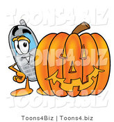 Illustration of a Cartoon Cellphone Mascot with a Carved Halloween Pumpkin by Toons4Biz