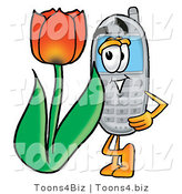 Illustration of a Cartoon Cellphone Mascot with a Red Tulip Flower in the Spring by Mascot Junction