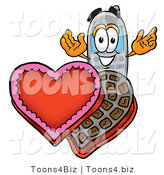 Illustration of a Cartoon Cellphone Mascot with an Open Box of Valentines Day Chocolate Candies by Mascot Junction