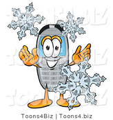 Illustration of a Cartoon Cellphone Mascot with Three Snowflakes in Winter by Toons4Biz