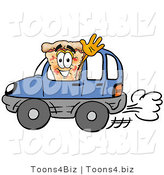 Illustration of a Cartoon Cheese Pizza Mascot Driving a Blue Car and Waving by Mascot Junction