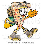 Illustration of a Cartoon Cheese Pizza Mascot Hiking and Carrying a Backpack by Mascot Junction