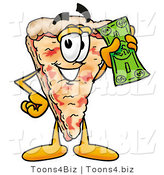 Illustration of a Cartoon Cheese Pizza Mascot Holding a Dollar Bill by Mascot Junction