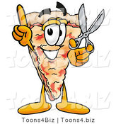 Illustration of a Cartoon Cheese Pizza Mascot Holding a Pair of Scissors by Mascot Junction