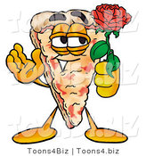 Illustration of a Cartoon Cheese Pizza Mascot Holding a Red Rose on Valentines Day by Mascot Junction