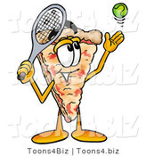 Illustration of a Cartoon Cheese Pizza Mascot Preparing to Hit a Tennis Ball by Mascot Junction