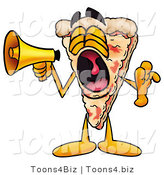 Illustration of a Cartoon Cheese Pizza Mascot Screaming into a Megaphone by Mascot Junction
