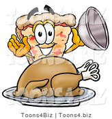 Illustration of a Cartoon Cheese Pizza Mascot Serving a Thanksgiving Turkey on a Platter by Mascot Junction