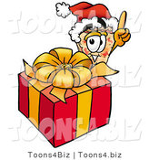 Illustration of a Cartoon Cheese Pizza Mascot Standing by a Christmas Present by Mascot Junction