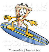 Illustration of a Cartoon Cheese Pizza Mascot Surfing on a Blue and Yellow Surfboard by Mascot Junction