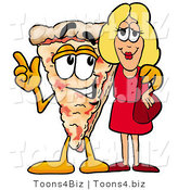 Illustration of a Cartoon Cheese Pizza Mascot Talking to a Pretty Blond Woman by Mascot Junction