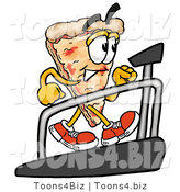 Illustration of a Cartoon Cheese Pizza Mascot Walking on a Treadmill in a Fitness Gym by Mascot Junction