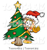 Illustration of a Cartoon Cheese Pizza Mascot Waving and Standing by a Decorated Christmas Tree by Mascot Junction