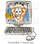 Illustration of a Cartoon Cheese Pizza Mascot Waving from Inside a Computer Screen by Mascot Junction