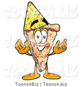 Illustration of a Cartoon Cheese Pizza Mascot Wearing a Birthday Party Hat by Mascot Junction