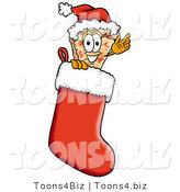 Illustration of a Cartoon Cheese Pizza Mascot Wearing a Santa Hat Inside a Red Christmas Stocking by Mascot Junction