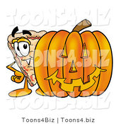 Illustration of a Cartoon Cheese Pizza Mascot with a Carved Halloween Pumpkin by Mascot Junction