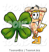 Illustration of a Cartoon Cheese Pizza Mascot with a Green Four Leaf Clover on St Paddy's or St Patricks Day by Mascot Junction