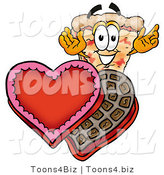 Illustration of a Cartoon Cheese Pizza Mascot with an Open Box of Valentines Day Chocolate Candies by Mascot Junction