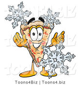 Illustration of a Cartoon Cheese Pizza Mascot with Three Snowflakes in Winter by Mascot Junction