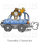 Illustration of a Cartoon Christian Cross Mascot Driving a Blue Car and Waving by Mascot Junction