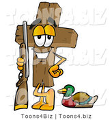 Illustration of a Cartoon Christian Cross Mascot Duck Hunting, Standing with a Rifle and Duck by Mascot Junction