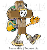 Illustration of a Cartoon Christian Cross Mascot Hiking and Carrying a Backpack by Mascot Junction