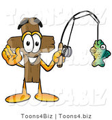 Illustration of a Cartoon Christian Cross Mascot Holding a Fish on a Fishing Pole by Mascot Junction