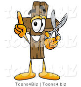 Illustration of a Cartoon Christian Cross Mascot Holding a Pair of Scissors by Mascot Junction