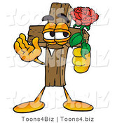 Illustration of a Cartoon Christian Cross Mascot Holding a Red Rose on Valentines Day by Mascot Junction