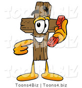 Illustration of a Cartoon Christian Cross Mascot Holding a Telephone by Mascot Junction