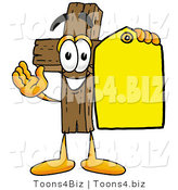 Illustration of a Cartoon Christian Cross Mascot Holding a Yellow Sales Price Tag by Mascot Junction