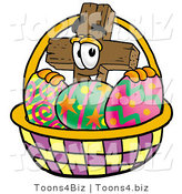 Illustration of a Cartoon Christian Cross Mascot in an Easter Basket Full of Decorated Easter Eggs by Toons4Biz