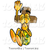Illustration of a Cartoon Christian Cross Mascot Plugging His Nose While Jumping into Water by Toons4Biz