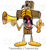 Illustration of a Cartoon Christian Cross Mascot Screaming into a Megaphone by Mascot Junction
