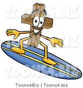 Illustration of a Cartoon Christian Cross Mascot Surfing on a Blue and Yellow Surfboard by Mascot Junction