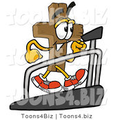 Illustration of a Cartoon Christian Cross Mascot Walking on a Treadmill in a Fitness Gym by Mascot Junction