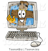 Illustration of a Cartoon Christian Cross Mascot Waving from Inside a Computer Screen by Mascot Junction