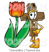 Illustration of a Cartoon Christian Cross Mascot with a Red Tulip Flower in the Spring by Mascot Junction