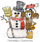 Illustration of a Cartoon Christian Cross Mascot with a Snowman on Christmas by Mascot Junction