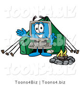 Illustration of a Cartoon Computer Mascot Camping with a Tent and Fire by Mascot Junction