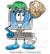Illustration of a Cartoon Computer Mascot Catching a Baseball with a Glove by Mascot Junction