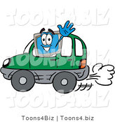 Illustration of a Cartoon Computer Mascot Driving a Green Car and Waving by Mascot Junction