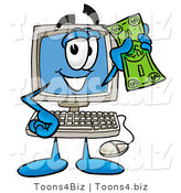 Illustration of a Cartoon Computer Mascot Holding a Dollar Bill by Mascot Junction