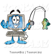 Illustration of a Cartoon Computer Mascot Holding a Fish on a Fishing Pole by Mascot Junction